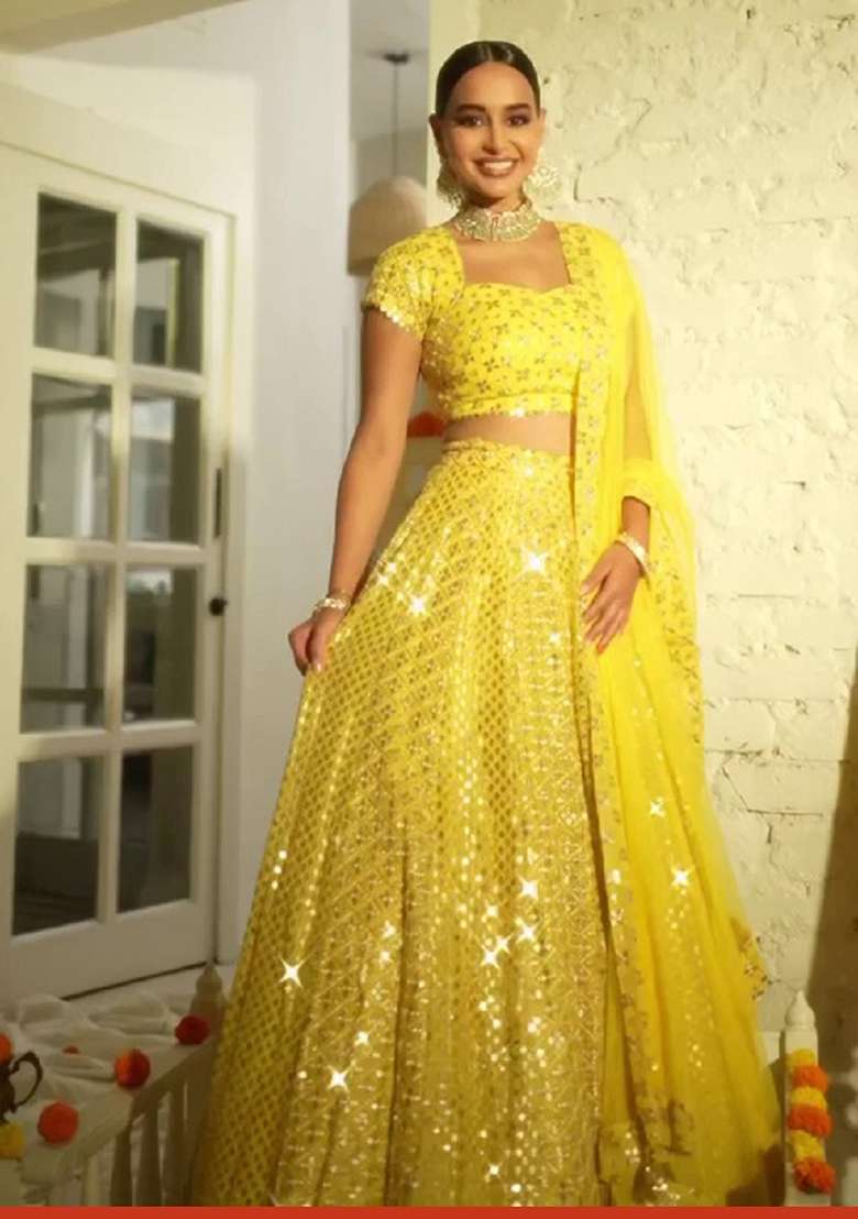 Yellow Sequin Work Georgette Lehenga Set for Diwali and Festive Wear - Indya