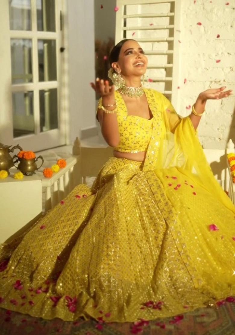 Yellow Sequin Work Georgette Lehenga Set - Indya