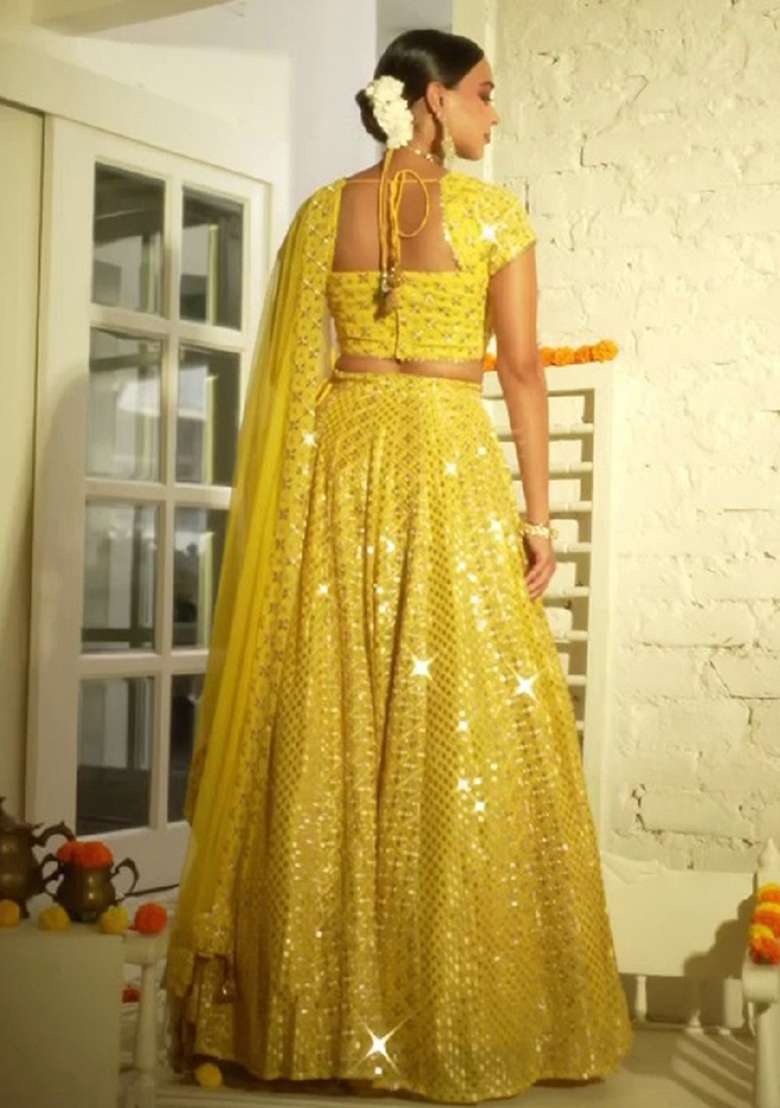 Yellow Sequin Work Georgette Lehenga Set for Diwali and Festive Wear - Indya