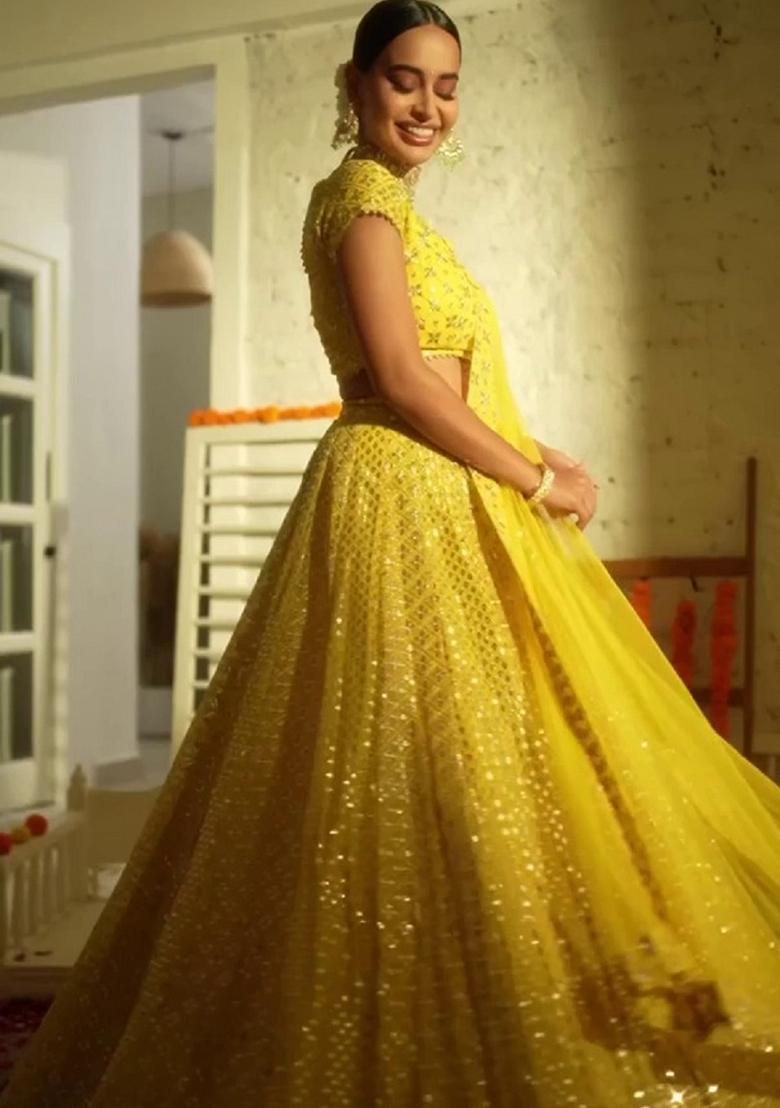 Yellow Sequin Work Georgette Lehenga Set - Indya