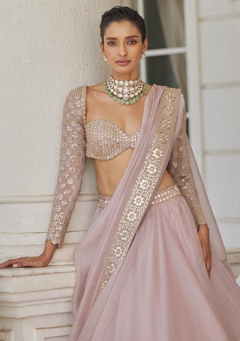 Ash Pink Sequin Work Silk Lehenga Set - Indya