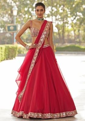Red Sequin Work Silk Lehenga Set
