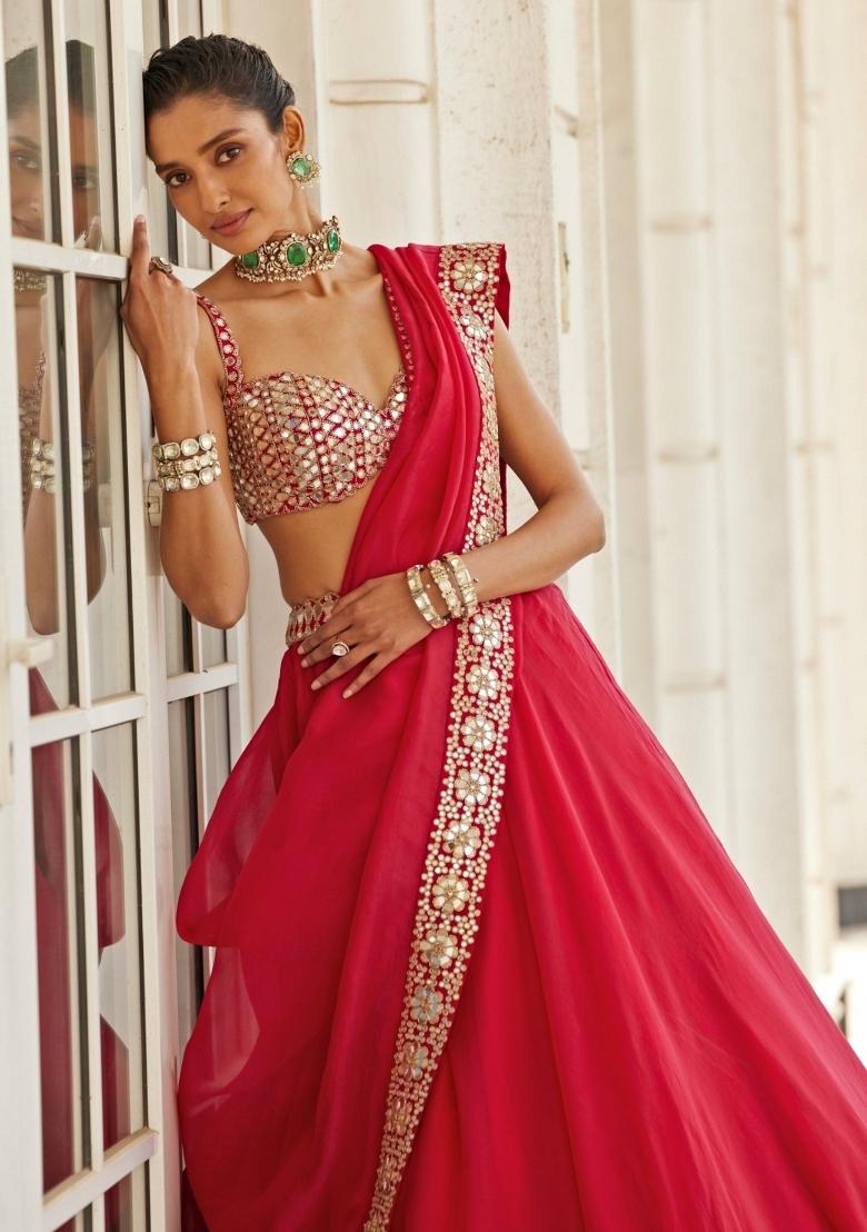 Red Sequin Work Silk Lehenga Set - Indya
