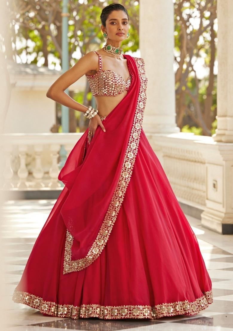 Red Sequin Work Silk Lehenga Set - Indya