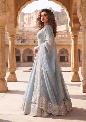 Dusty Blue Sequin Work Silk Lehenga Set