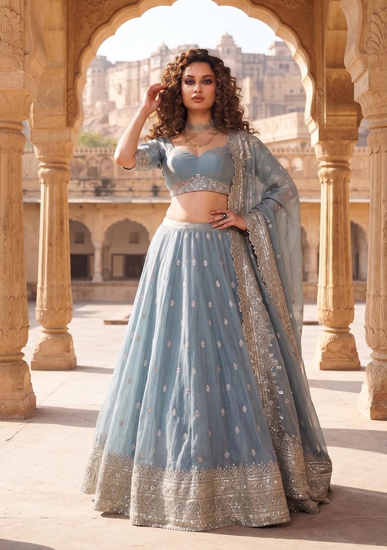 Dusty Blue Sequin Work Silk Lehenga Set - Indya