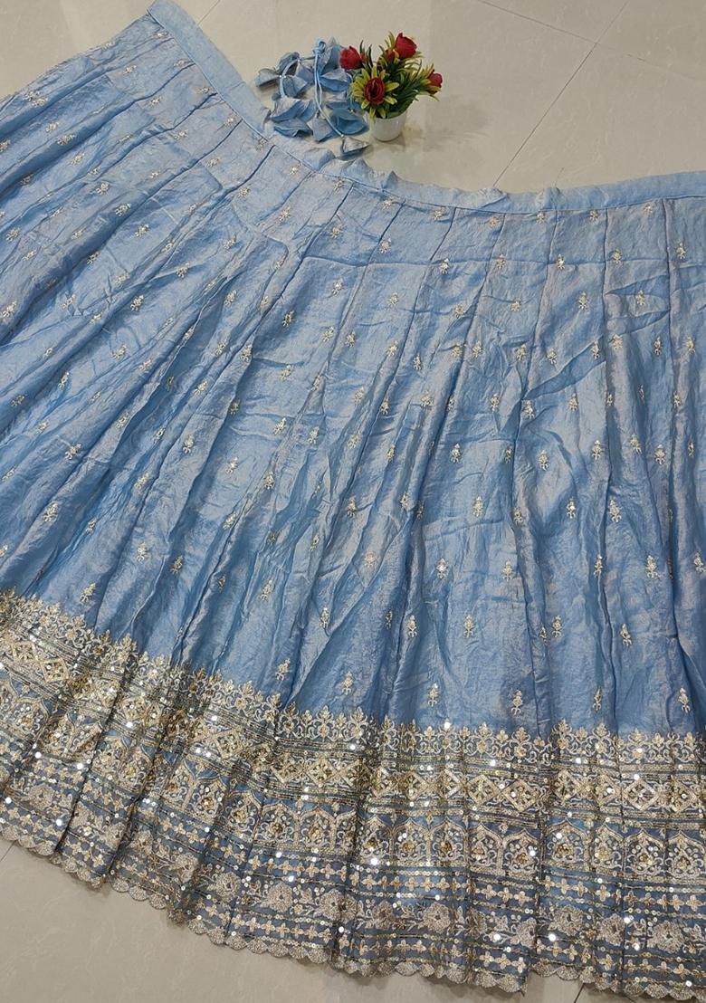 Dusty Blue Sequin Work Silk Lehenga Set - Indya