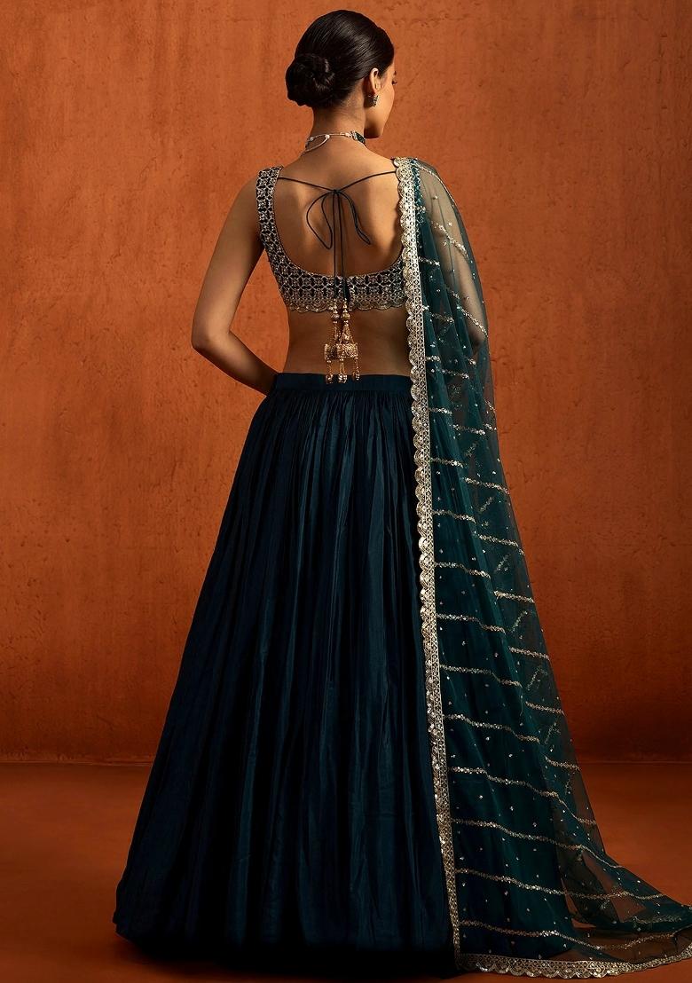 Royal Dark Blue Sequin Work Silk Lehenga Set - Indya