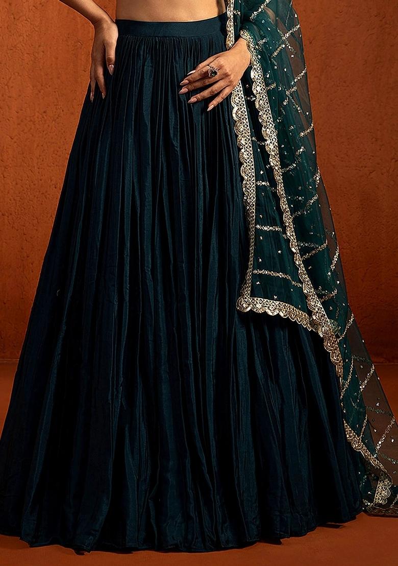 Royal Dark Blue Sequin Work Silk Lehenga Set - Indya