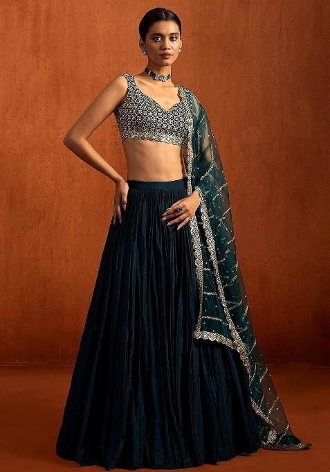 Royal Dark Blue Sequin Work Silk Lehenga Set