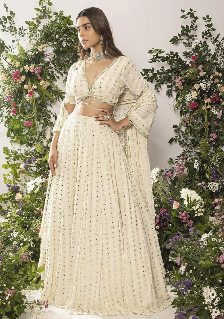 Ivory Sequin Work Georgette Lehenga Set - Indya