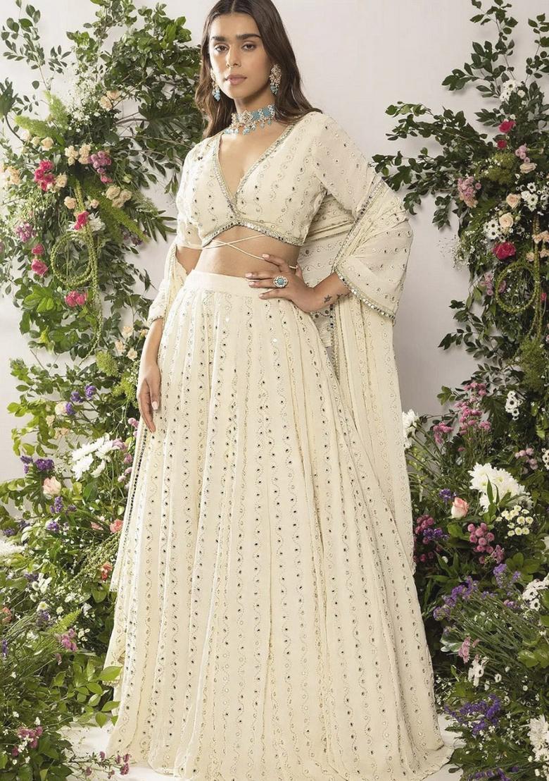 Ivory Sequin Work Georgette Lehenga Set - Indya