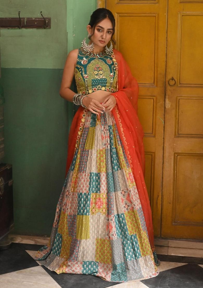 Multicolor Sequin Work Silk Lehenga Set - Indya