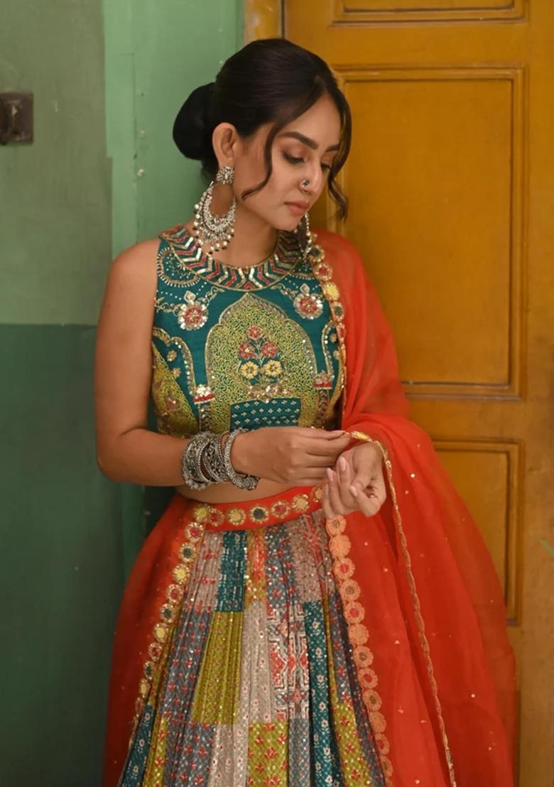 Multicolor Sequin Work Silk Lehenga Set - Indya