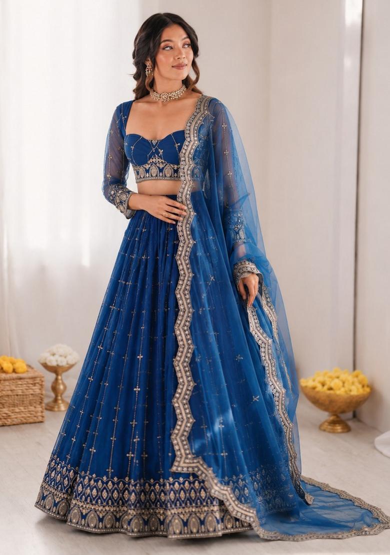 Royal Blue Sequin Work Georgette Lehenga Set - Indya