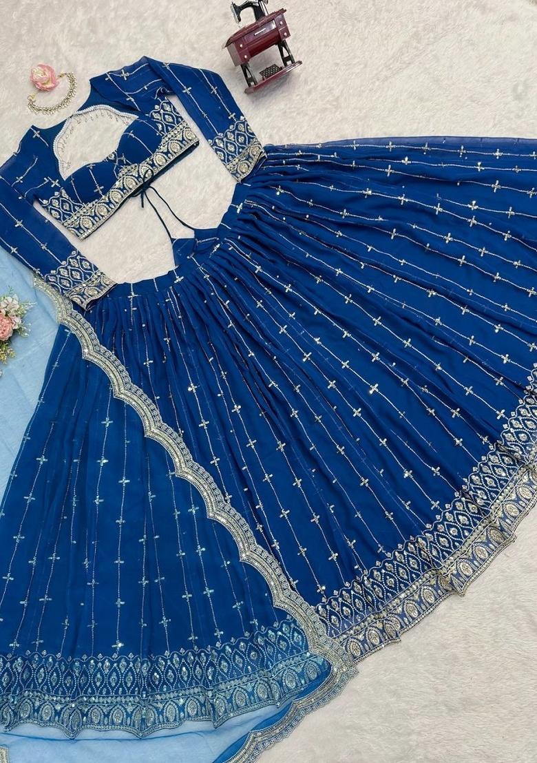 Royal Blue Sequin Work Georgette Lehenga Set - Indya