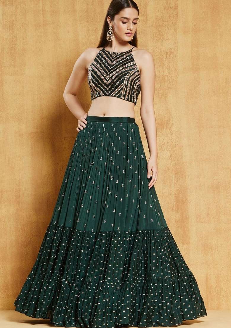 Green Sequin Work Georgette Lehenga Set for Diwali and Festive Wear - Indya