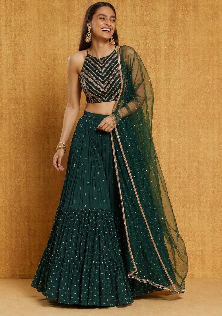 Green Sequin Work Georgette Lehenga Set - Indya