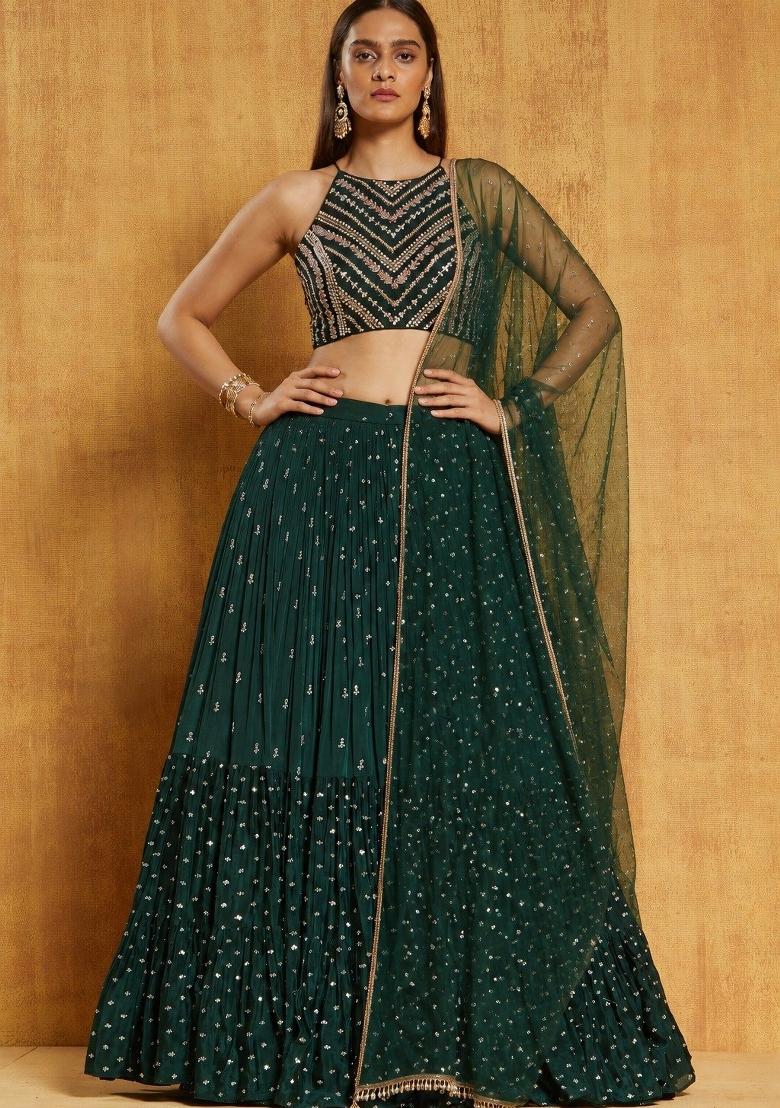 Green Sequin Work Georgette Lehenga Set - Indya