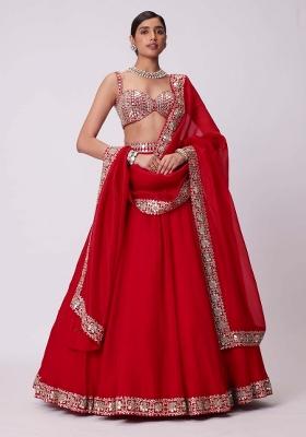 Red Sequin Work Silk Lehenga Set