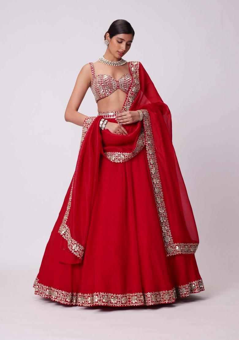 Red Sequin Work Silk Lehenga Set - Indya