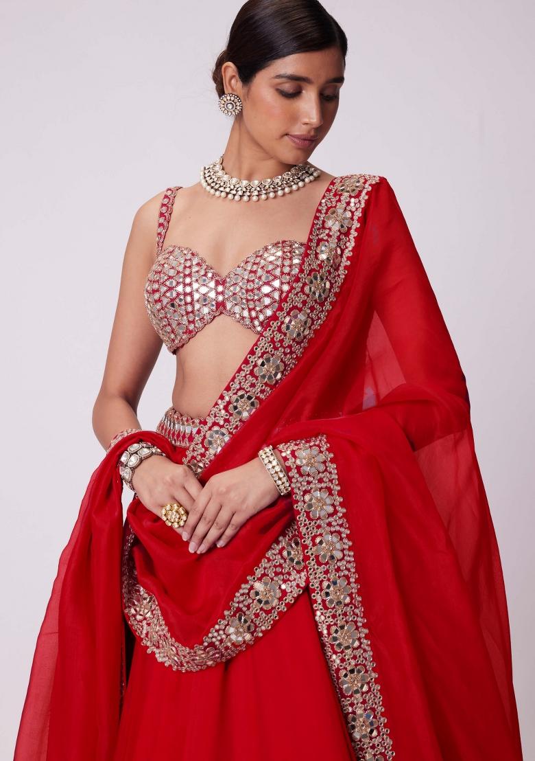 Red Sequin Work Silk Lehenga Set - Indya