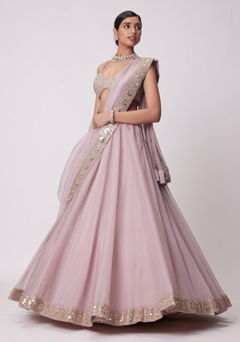 Ash Pink Sequin Work Silk Lehenga Set - Indya