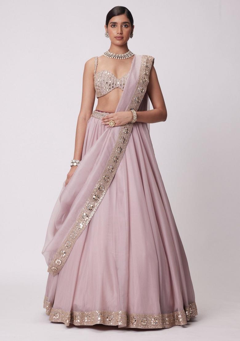 Ash Pink Sequin Work Silk Lehenga Set - Indya