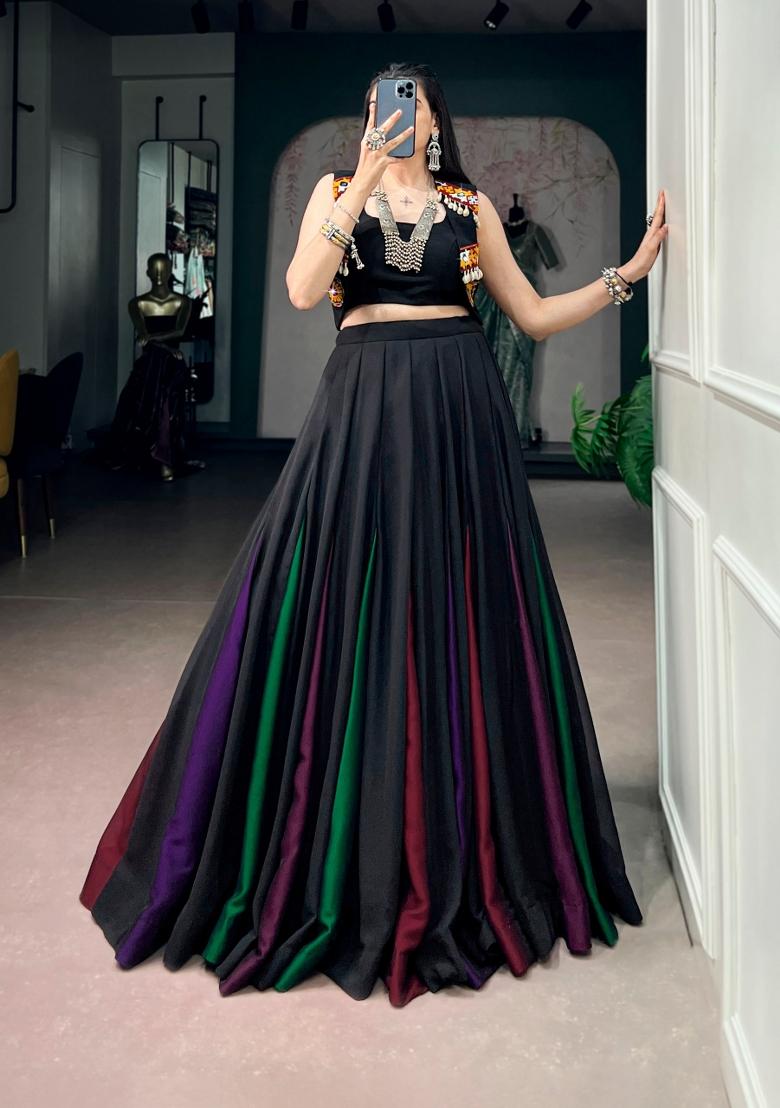 Black Gamthi Work Georgette Lehenga Set - Indya