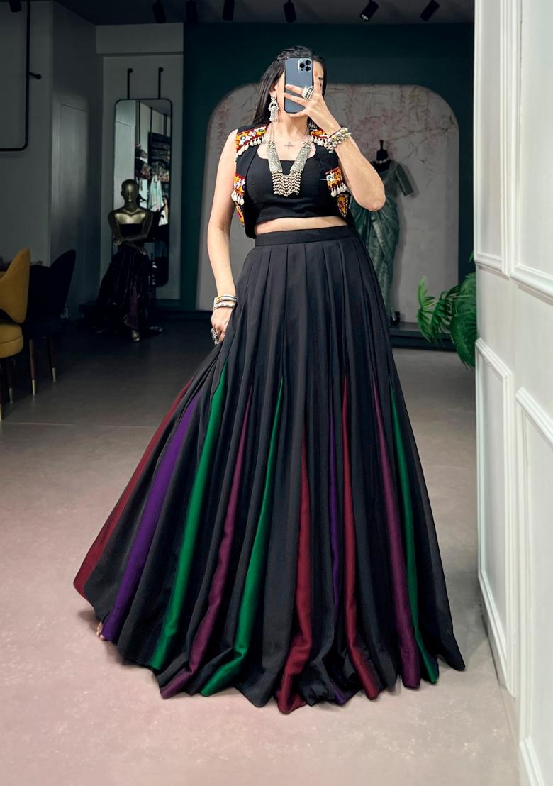 Black Gamthi Work Georgette Lehenga Set - Indya