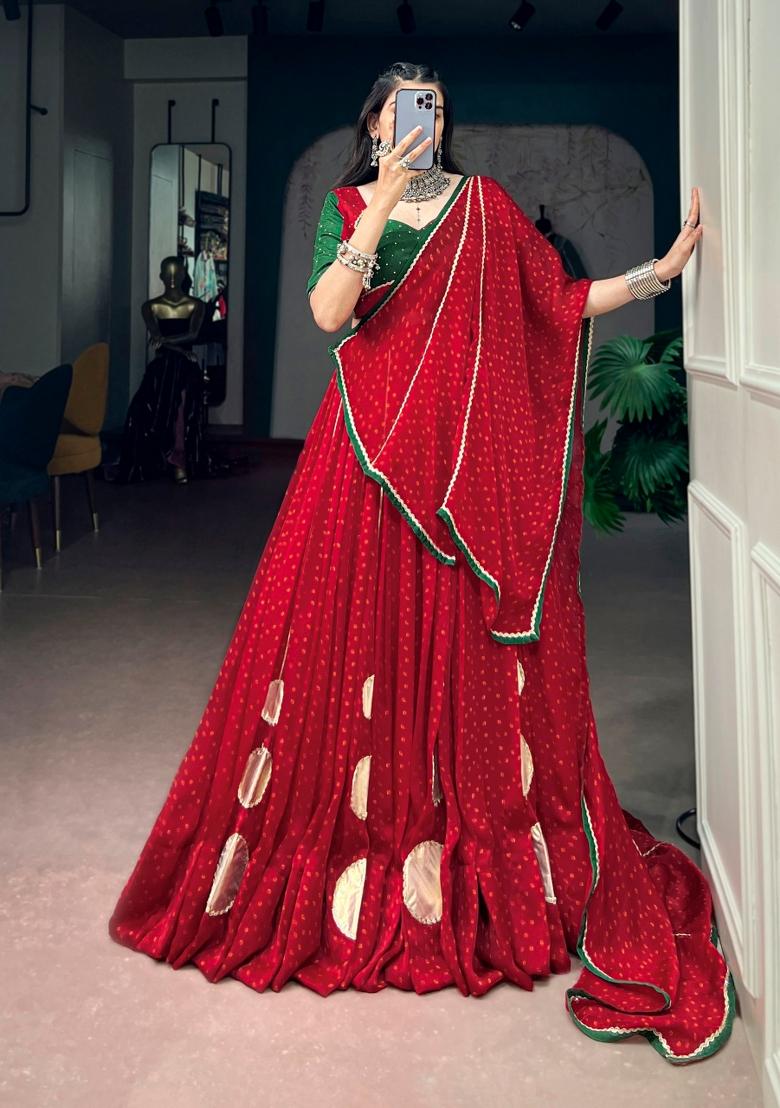 Red Patch Work Lehenga Set - Indya
