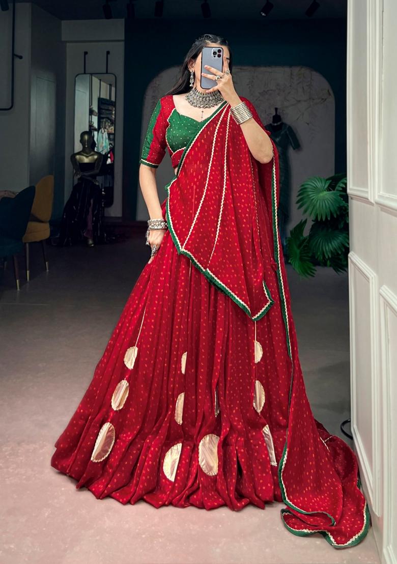 Red Patch Work Lehenga Set - Indya