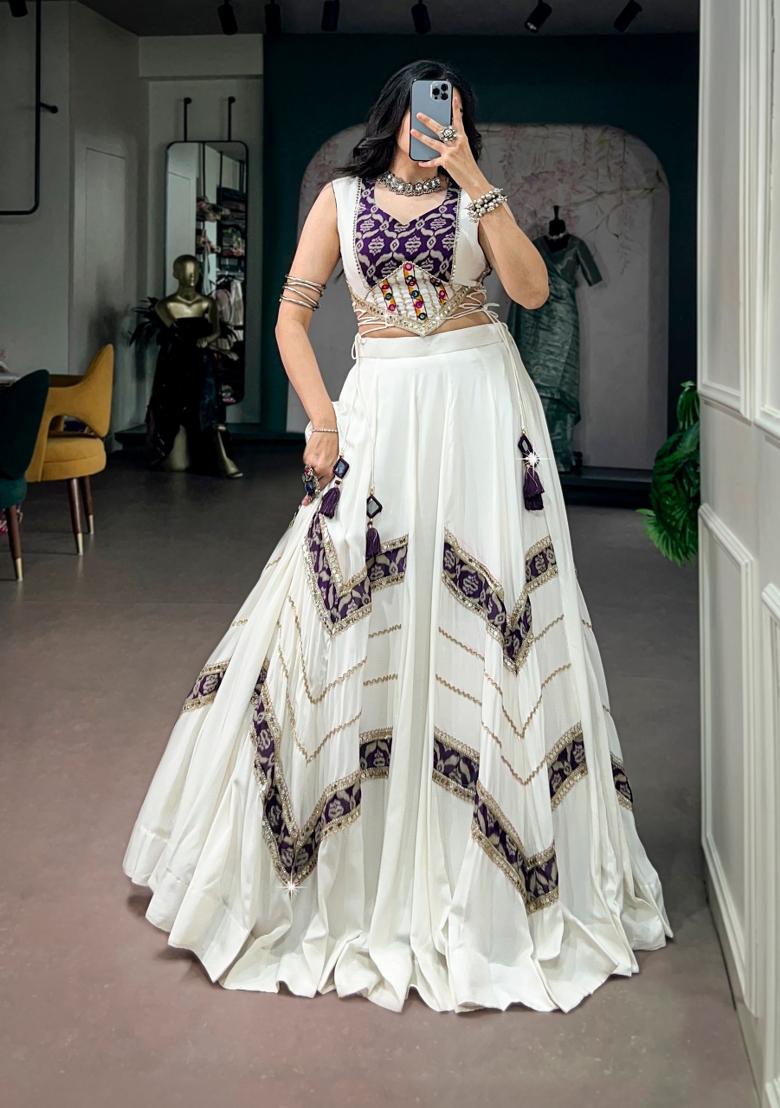 White Printed Rayon Lehenga Set - Indya