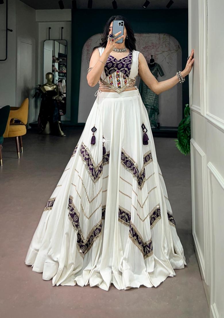 White Printed Rayon Lehenga Set - Indya