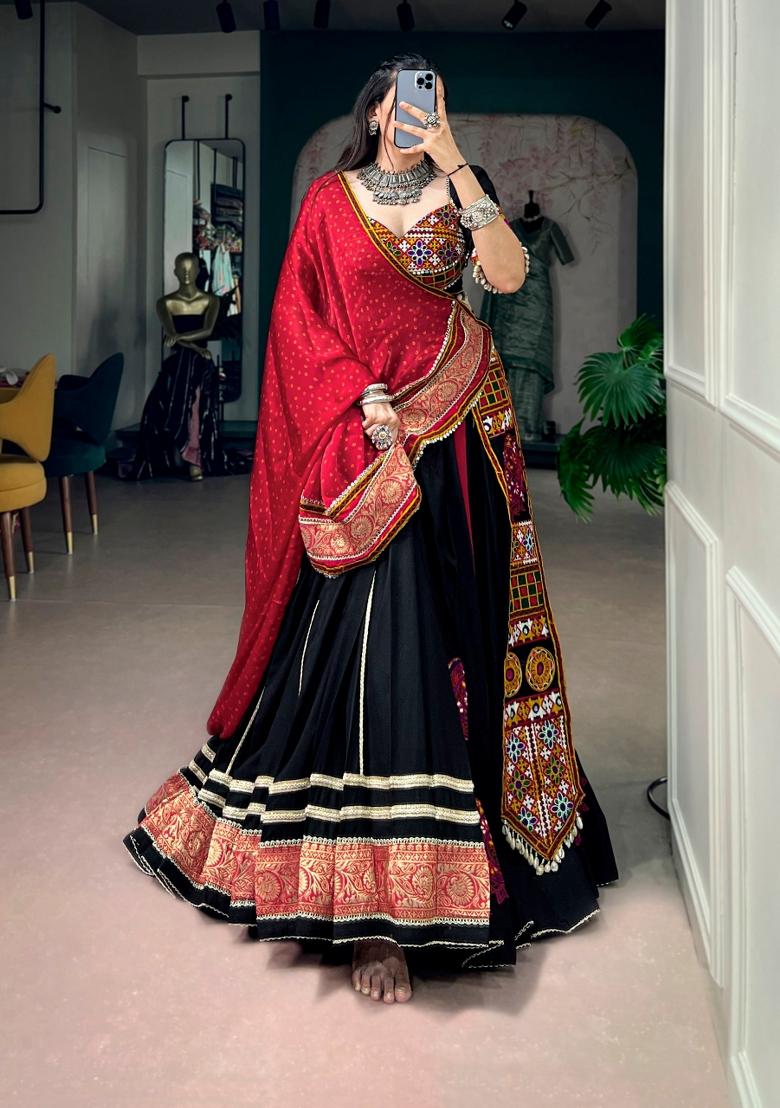 Black Embroidered Rayon Lehenga Set - Indya