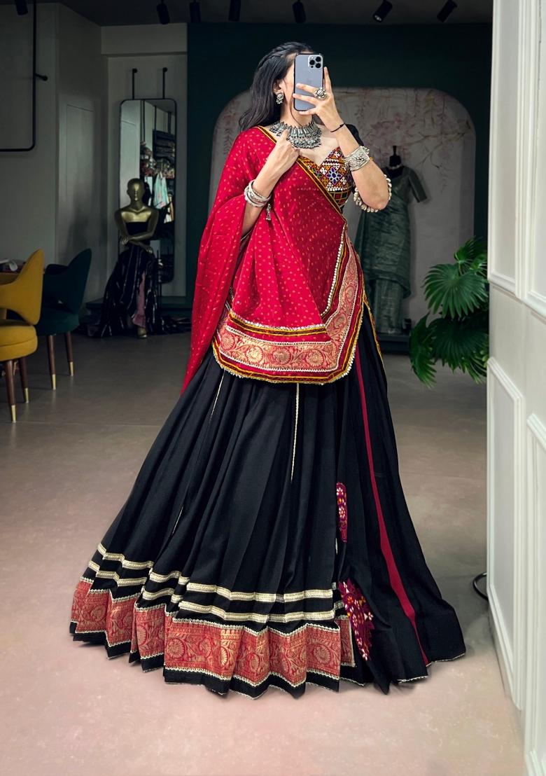 Black Embroidered Rayon Lehenga Set - Indya