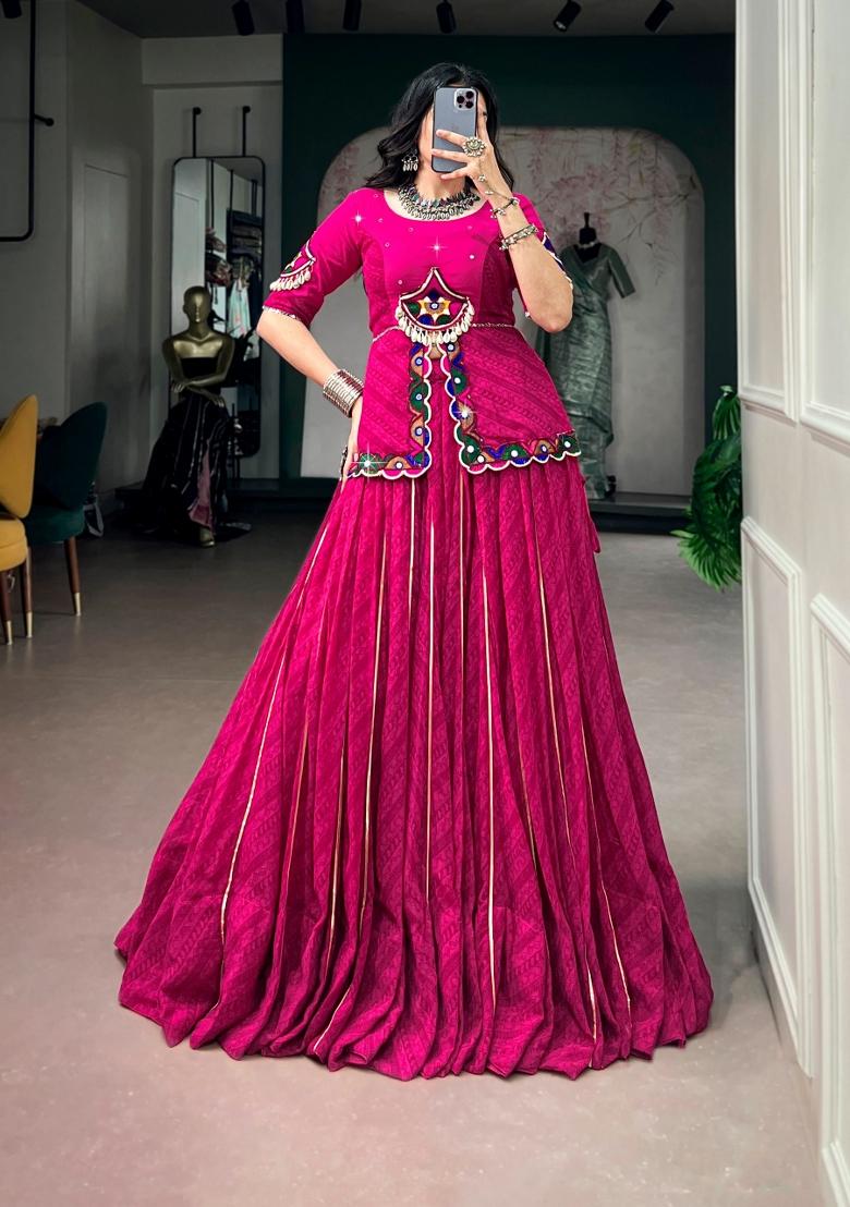 Pink Mirror Work Georgette Lehenga Set - Indya
