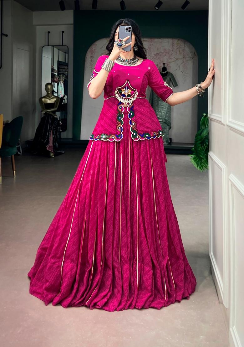 Pink Mirror Work Georgette Lehenga Set - Indya