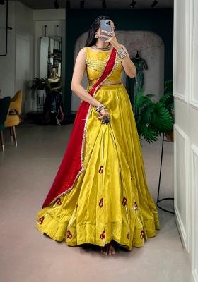 Yellow Mirror Work Chanderi Lehenga Set