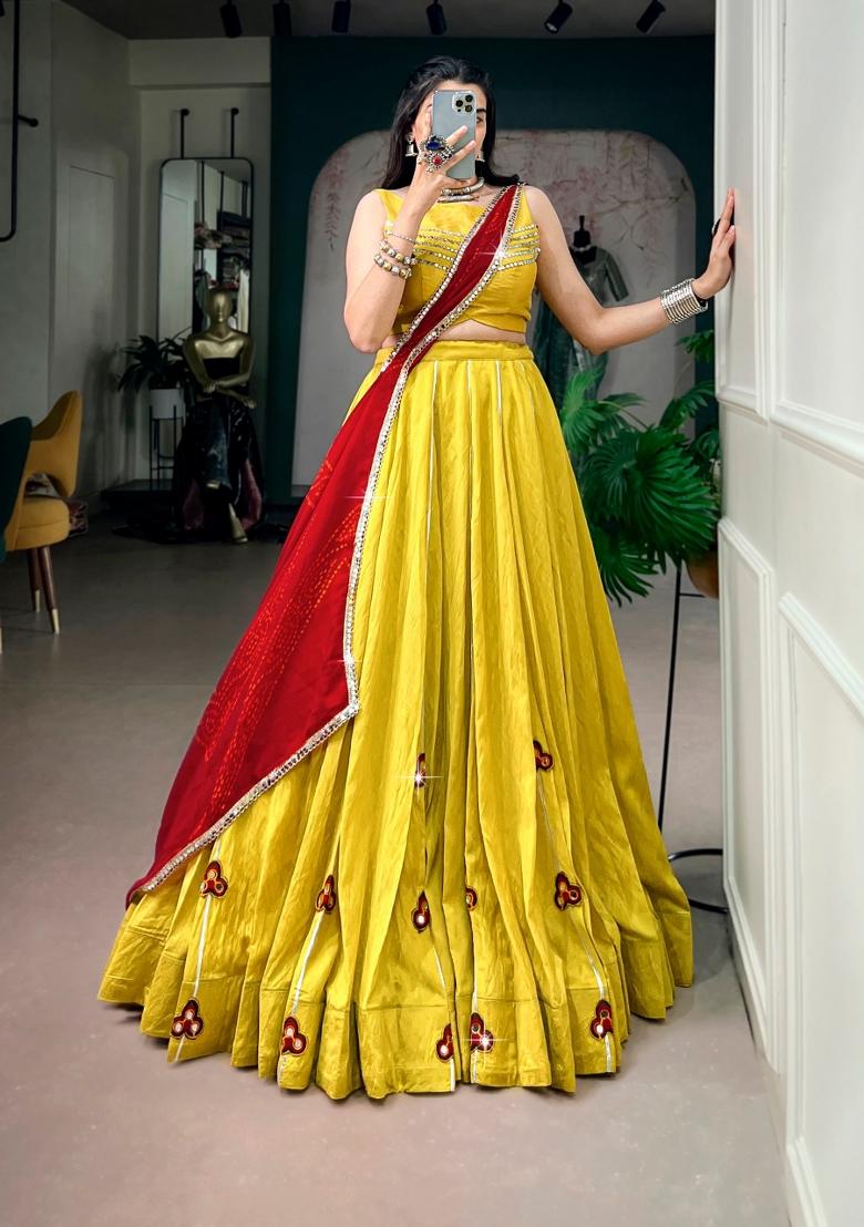 Yellow Mirror Work Chanderi Lehenga Set - Indya