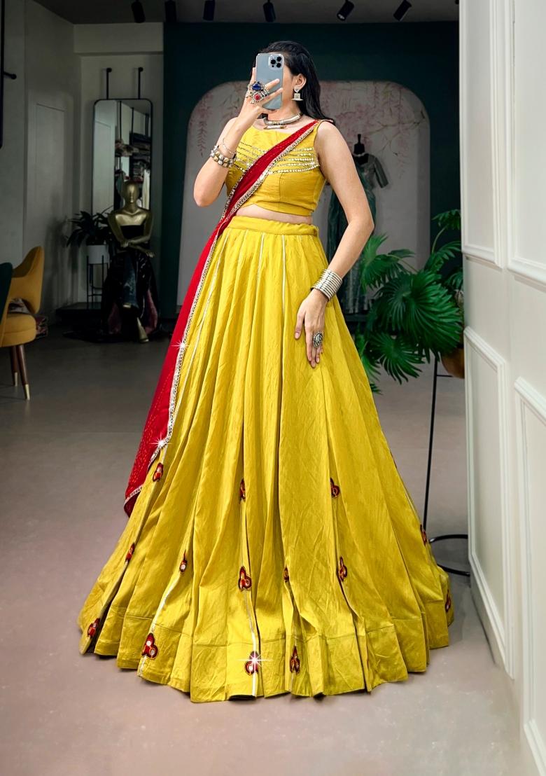 Yellow Mirror Work Chanderi Lehenga Set - Indya