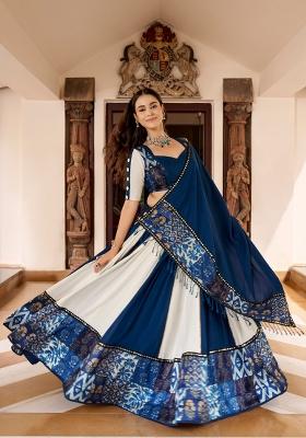 Navy Blue Printed Rayon Lehenga Set
