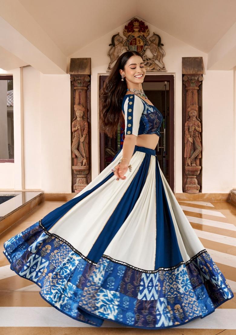 Navy Blue Printed Rayon Lehenga Set - Indya