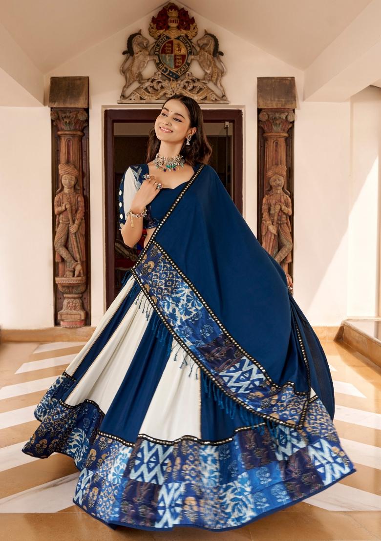 Navy Blue Printed Rayon Lehenga Set - Indya