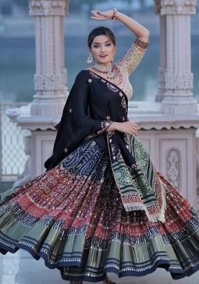 Navy Blue Embroidered Silk Lehenga Set