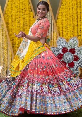 Peach Embroidered Silk Lehenga Set