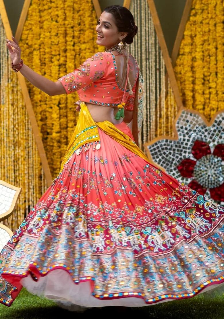 Peach Embroidered Silk Lehenga Set - Indya