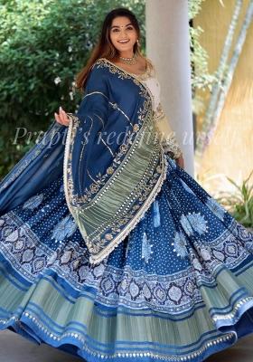 Navy Blue Embroidered Silk Lehenga Set