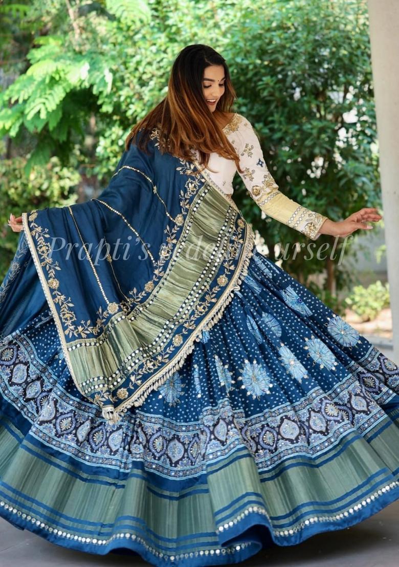 Navy Blue Embroidered Silk Lehenga Set - Indya