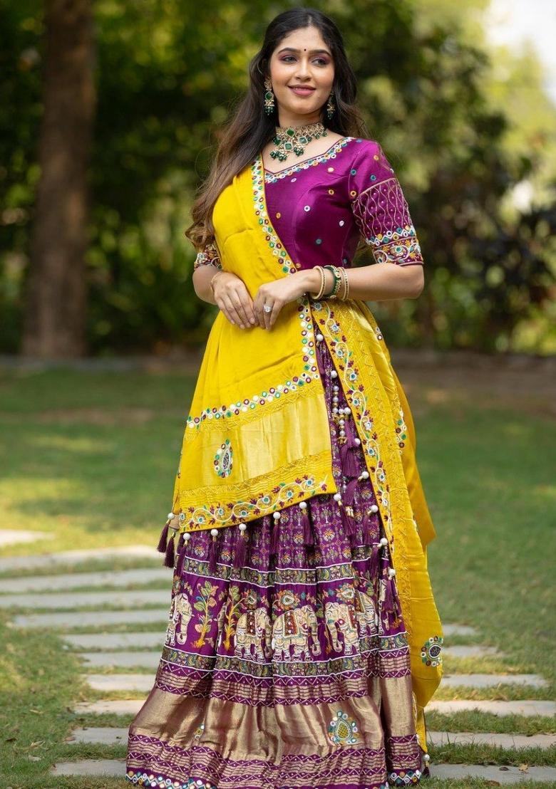 Purple Embroidered Silk Lehenga Set - Indya